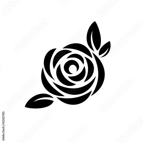 Rose flower with leaves black silhouette logo.