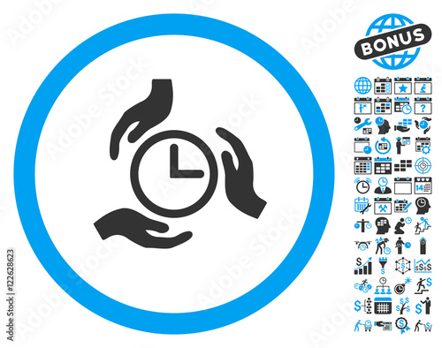 Time Care Hands pictograph with bonus calendar and time management pictures. Vector illustration style is flat iconic bicolor symbols, blue and gray colors, white background.