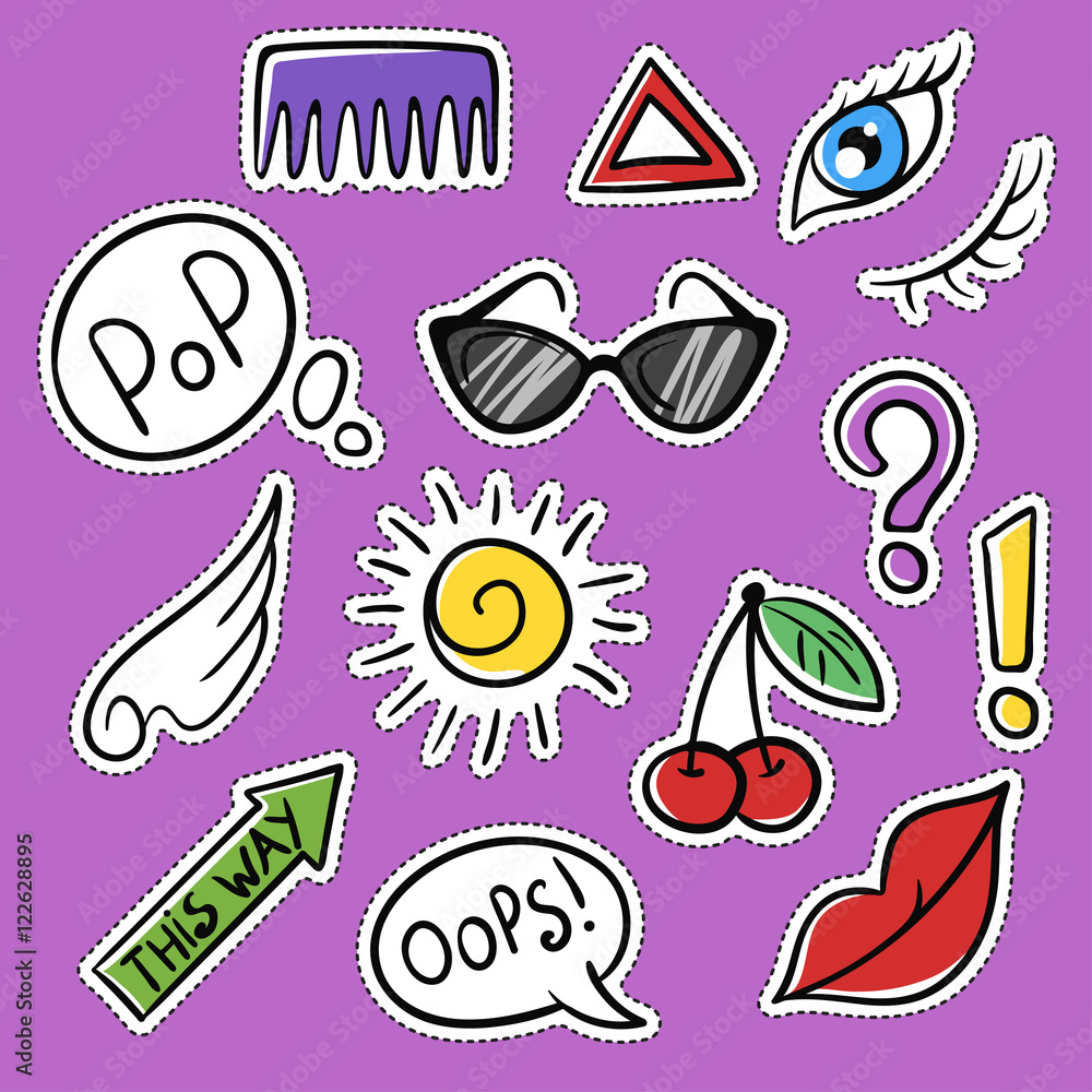 Vector set of fashionable patches: eye, cherry, sun, glasses.