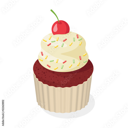 Isometric style 3d vector illustration of cupcake with cherry.