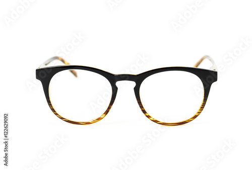 black vintage plastic eyeglasses on white background