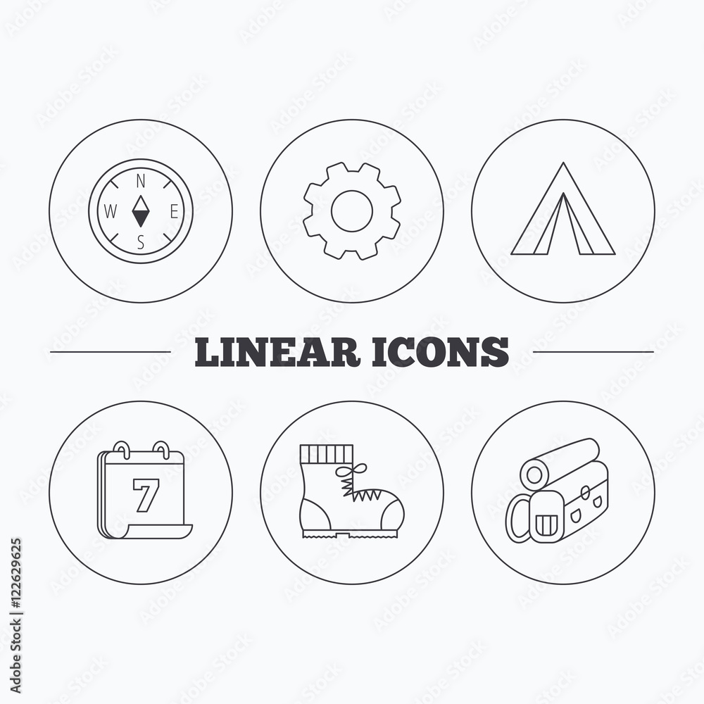 Backpack, camping tend and hiking boots icons.