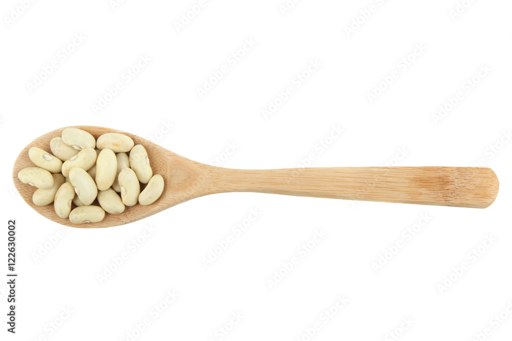 Beans in a wooden spoon isolated on a white background Beans in a wooden spoon isolated on a white background