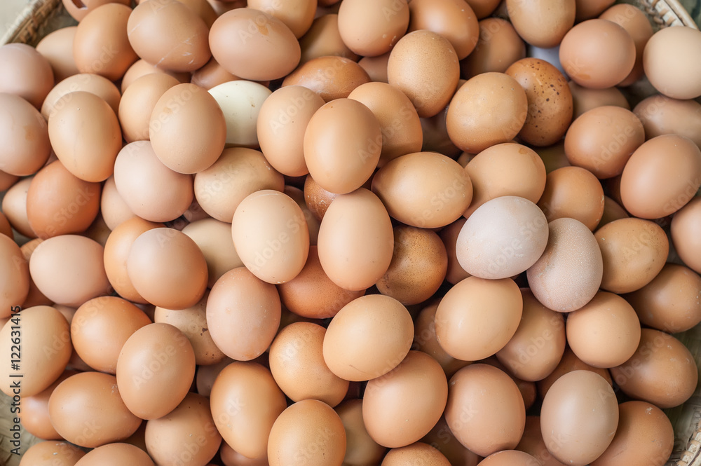 Fresh organic eggs for sale at asian market. Organic food background