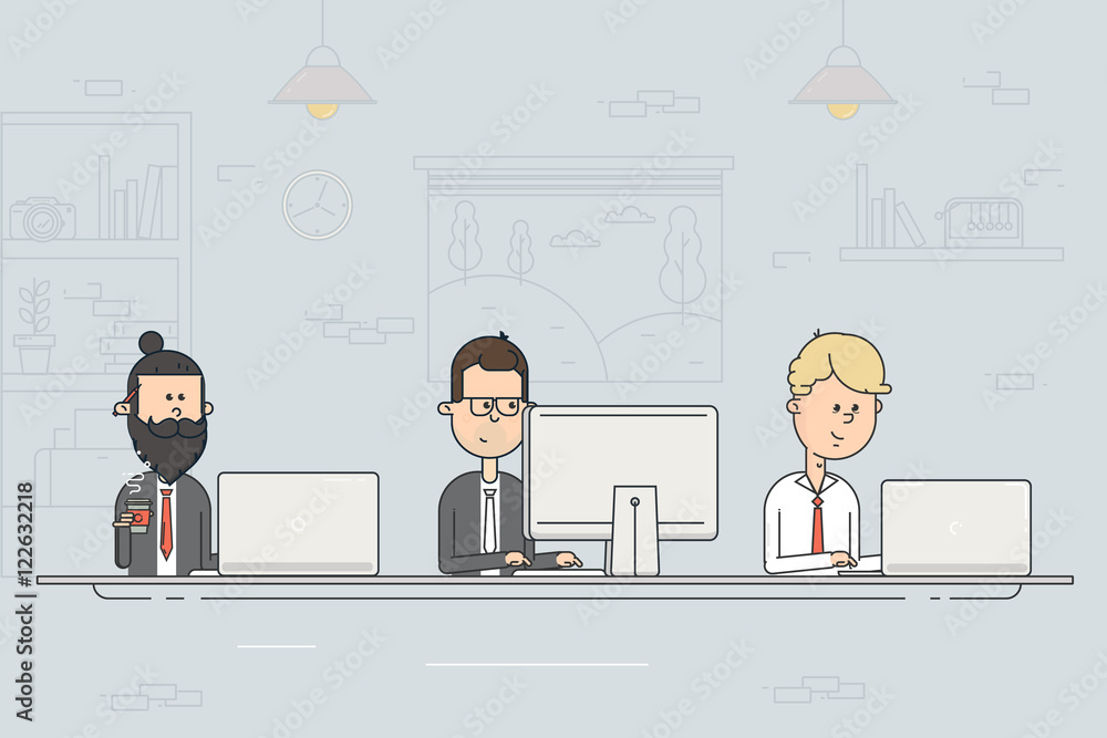 Coworking center. Business meeting. Team working. People working at the computers in the open office. Flat design vector illustration. Coworking center. Business meeting. Team working. People working at the computers in the open office. Flat design vector illustration.