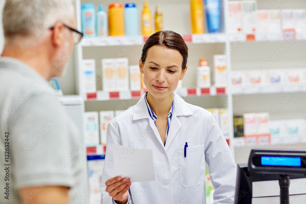 pharmacist reading prescription and senior man