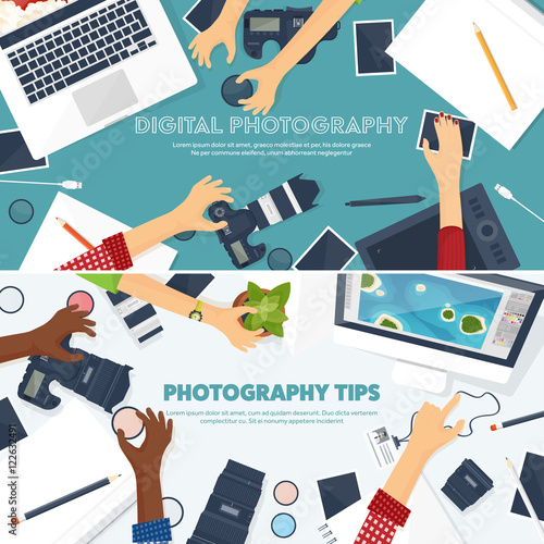 Photographer equipment on a table. Photography tools, photo editing, photoshooting flat background. Digital photocamera with lens. Vector illustration.