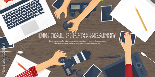 Photographer equipment on a table. Photography tools, photo editing, photoshooting flat background. Digital photocamera with lens. Vector illustration.