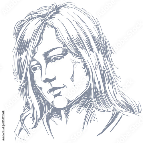 Hand-drawn portrait of white-skin sorrowful woman, sad face emot