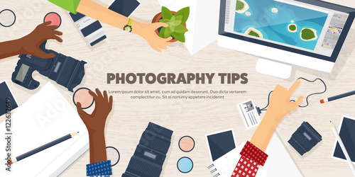 Photographer equipment on a table. Photography tools, photo editing, photoshooting flat background. Digital photocamera with lens. Vector illustration.