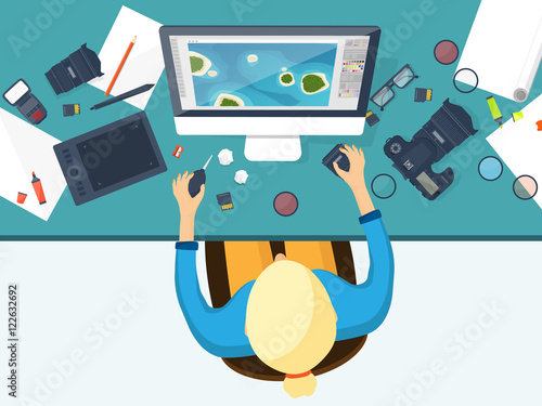 Photographer equipment on a table. Photography tools, photo editing, photoshooting flat background. Digital photocamera with lens. Vector illustration.