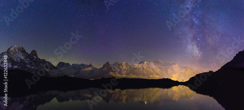 Mont Blanc mountainrange and the milkyway seen from Lac De Chéserys, Chamonix, France.