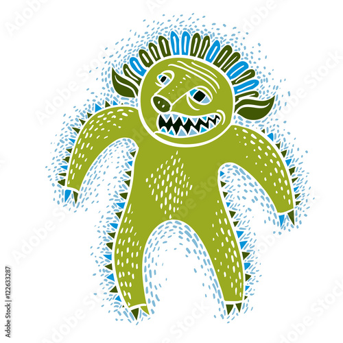 Vector cool cartoon monster, simple weird creature, green devil.