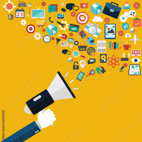 Digital marketing flat illustration. Hand with speaker