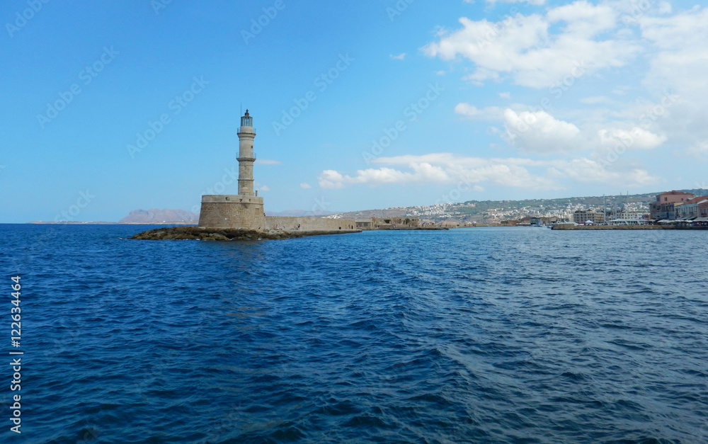 Chania Lighthouse at the port, Crete, Greece