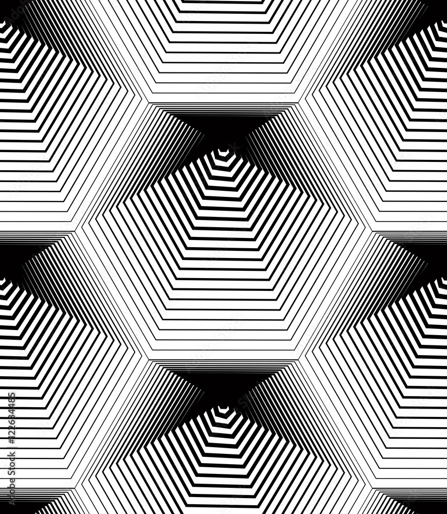 Geometric monochrome stripy seamless pattern, black and white ve Geometric monochrome stripy seamless pattern, black and white ve