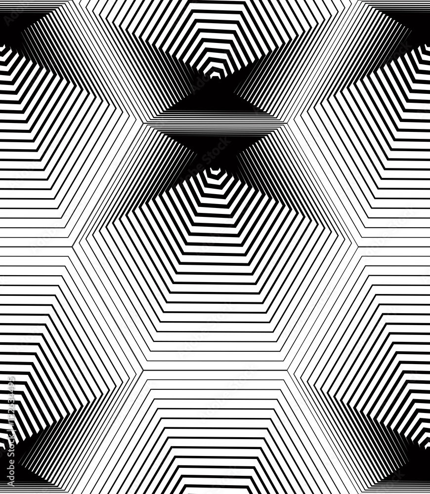 Black and white illusive abstract seamless pattern with geometri