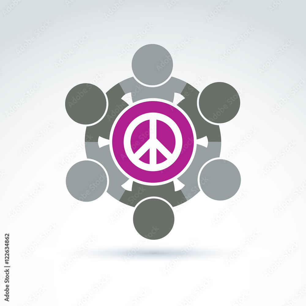 Illustration of a group of people standing around a peace sign, Illustration of a group of people standing around a peace sign,