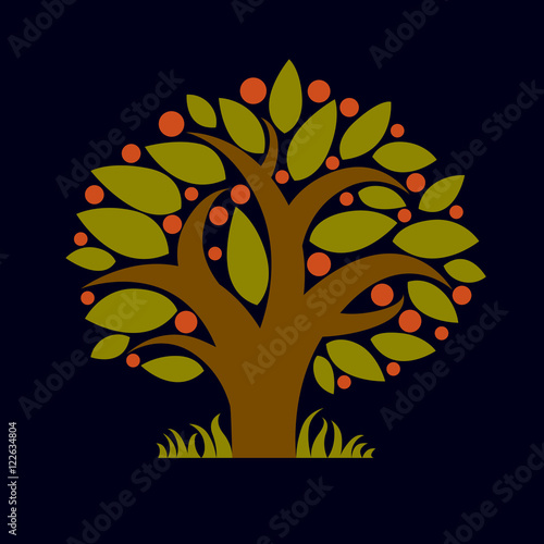 Tree with ripe apples, harvest season theme illustration. Fruitf