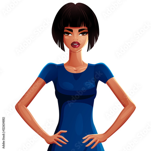Beautiful tanned slender woman wearing an elegant blue dress, fe