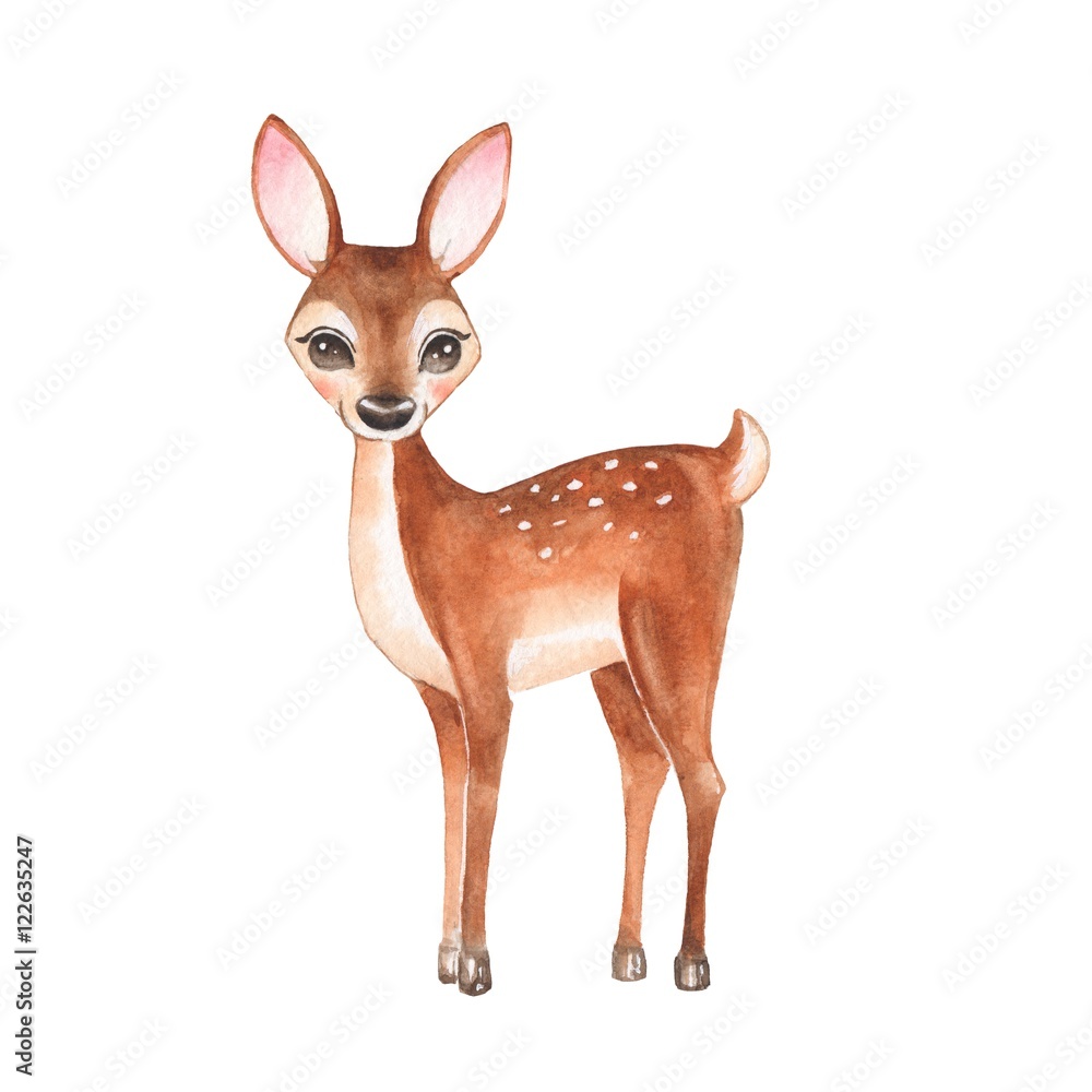 Naklejka premium Baby Deer. Hand drawn cute deer. Cartoon illustration, isolated on white. Watercolor painting 