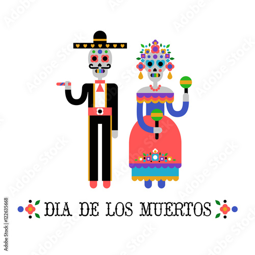 Day of the Dead (Dia de los Muertos). Mexican holiday. Vector Illustration of couple of skeletons