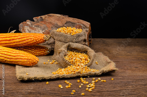 Dried corn in sackbag on wooden table photo