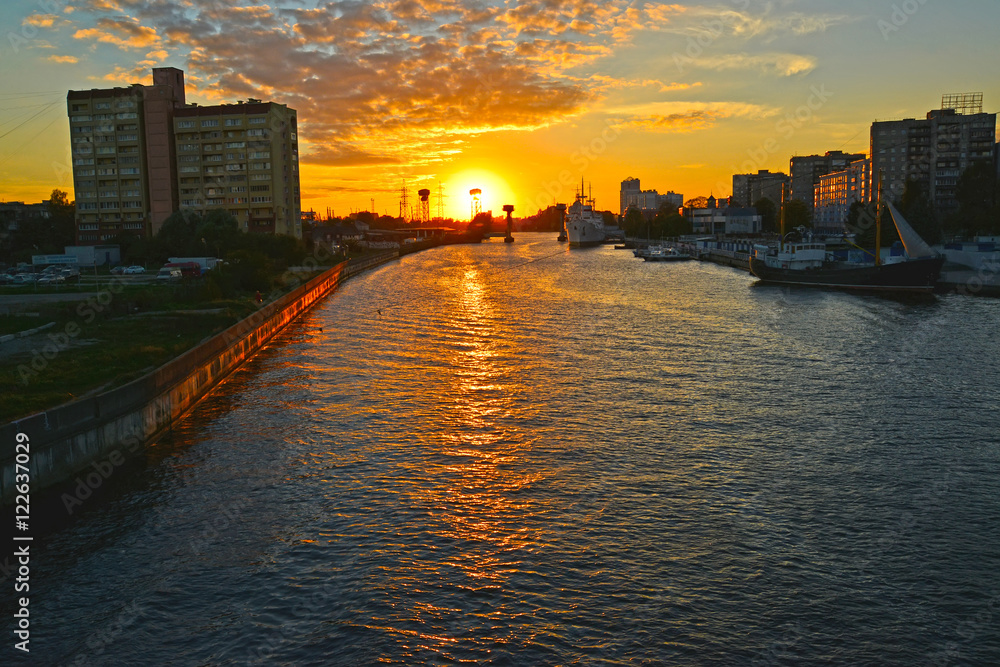 Pregolya River panorama at sunset. Kaliningrad