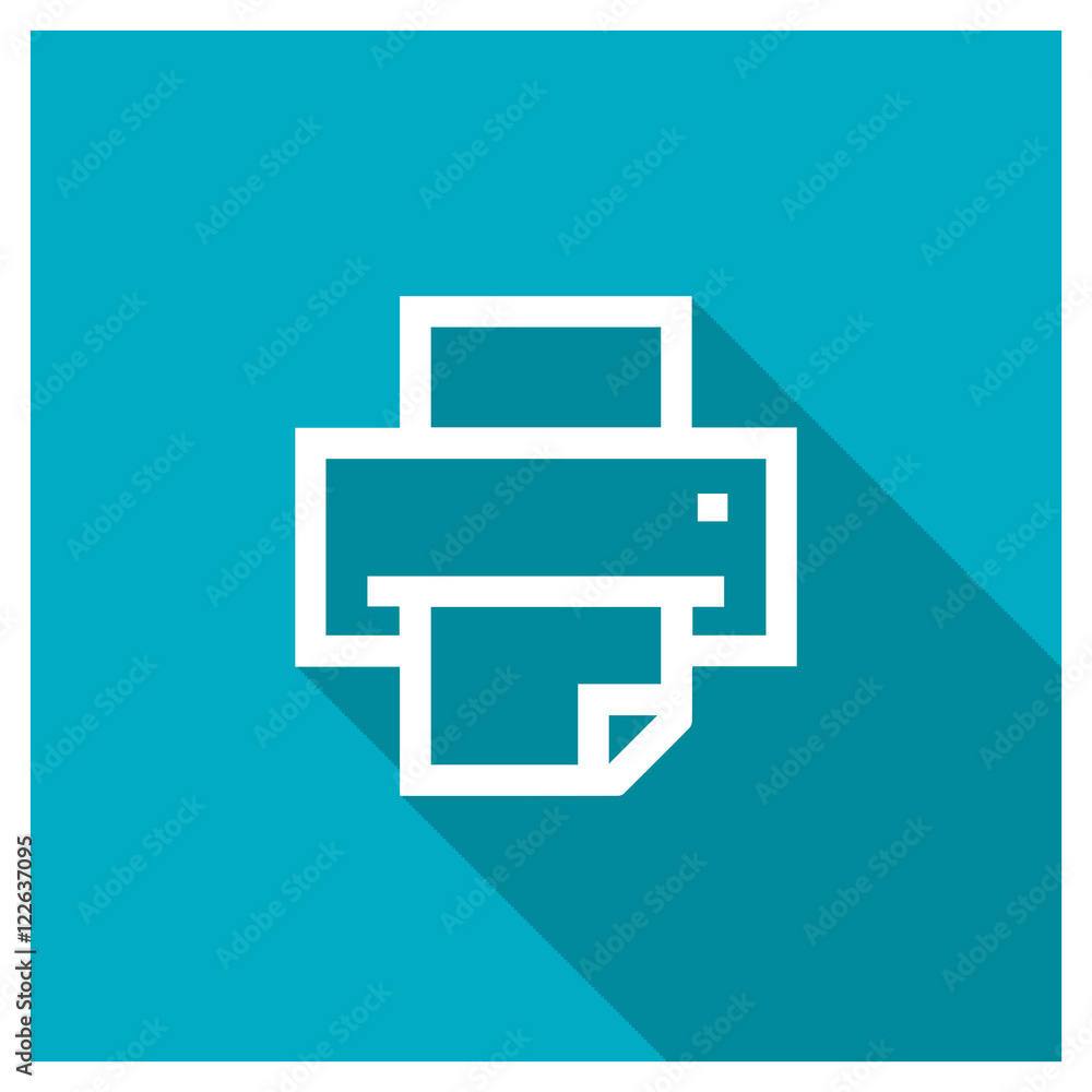 Printer icon, image jpg, vector eps, flat web, material icon, icon with long shadow on blue background Printer icon, image jpg, vector eps, flat web, material icon, icon with long shadow on blue background