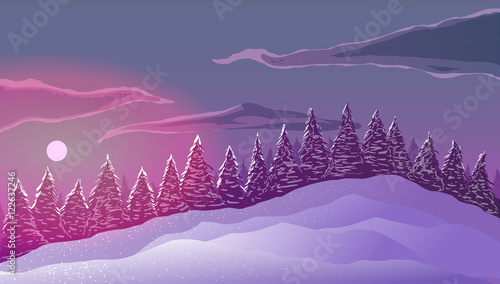 Vector illustration.  Winter landscape. Trees, snowdrifts and clouds.