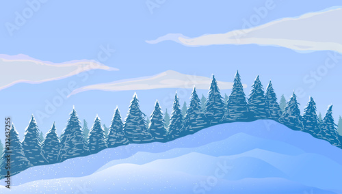 Vector illustration.  Winter landscape. Trees, snowdrifts and clouds.