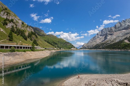 Landscape of a mountain lake  Fedaia lake  Dolomites  Italy