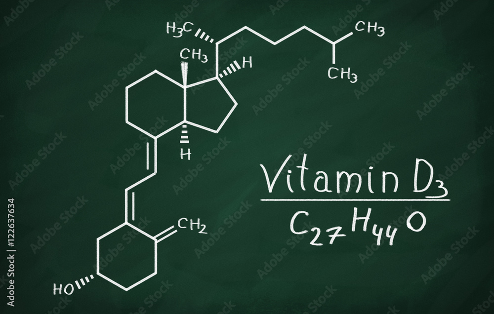 Structural model of Vitamin D3 molecule on the blackboard. Structural model of Vitamin D3 molecule on the blackboard.