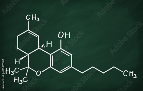 Structural model of THC molecule on the blackboard. photo