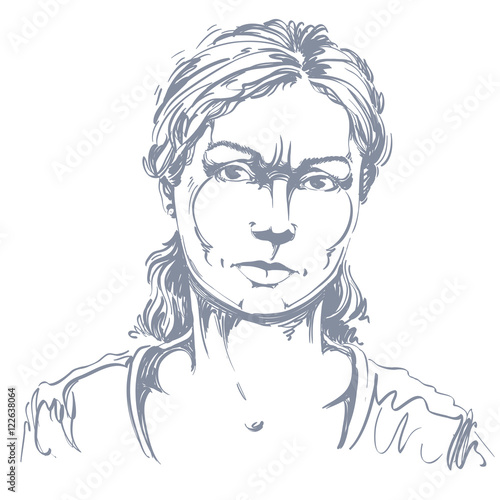 Graphic vector hand-drawn illustration of white skin angry lady