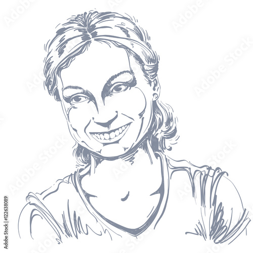 Monochrome vector hand-drawn image, romantic young woman smiling
