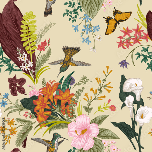 Vector seamless vintage floral pattern. Exotic flowers and birds. Botanical classic illustration. Colorful photo