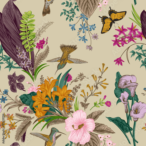 Vector seamless vintage floral pattern. Exotic flowers and birds. Botanical classic illustration. Colorful