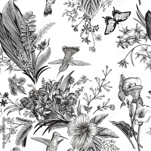 Vector seamless vintage floral pattern. Exotic flowers and birds. Botanical classic illustration. Black and white photo