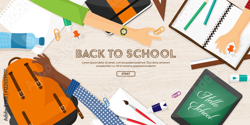 Back to school flat background. Online education and study. Teacher, student.
