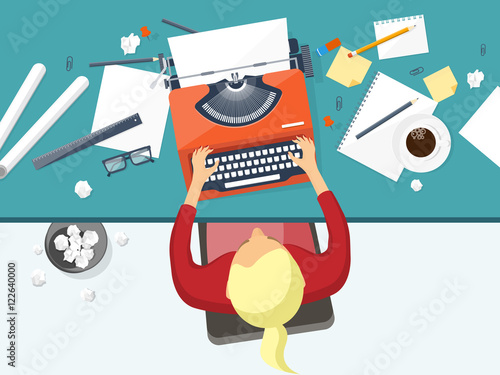 Vector illustration. Flat typewriter.Laptop. Tell your story. Author. Blogging.