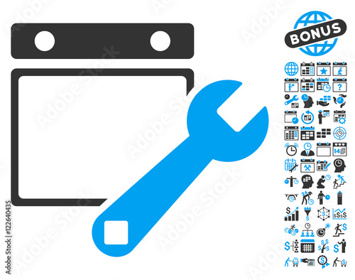 Date Setup icon with bonus calendar and time management images. Vector illustration style is flat iconic bicolor symbols, blue and gray colors, white background.
