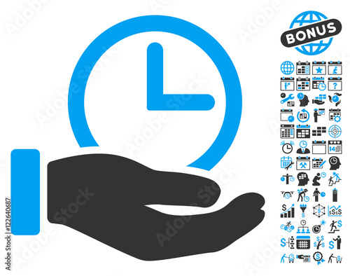 Time Service Hand pictograph with bonus calendar and time management clip art. Vector illustration style is flat iconic bicolor symbols, blue and gray colors, white background.