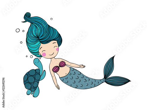 Beautiful little mermaid and the tortoise.