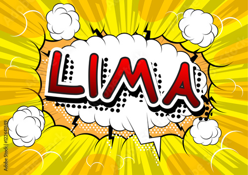 Lima - Comic book style text on comic book abstract background.