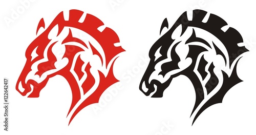 Horse head tattoo. Red and black tribal mustang horse for mascot, tattoos or equestrian sports design