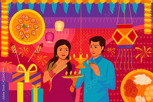 Indian couple with diya Happy Diwali festival background kitsch art India