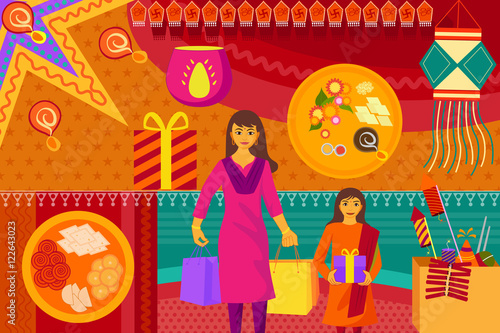 Indian lady with gift Happy Diwali festival background kitsch art India