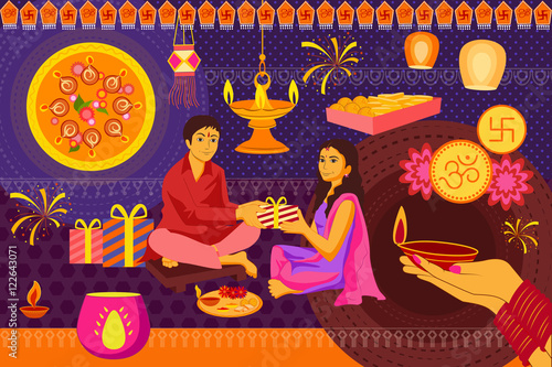 Indian family celebrating Bhai Dooj during Happy Diwali festival background kitsch art India