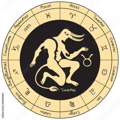 Taurus on the background of the circle with the signs of the zodiac